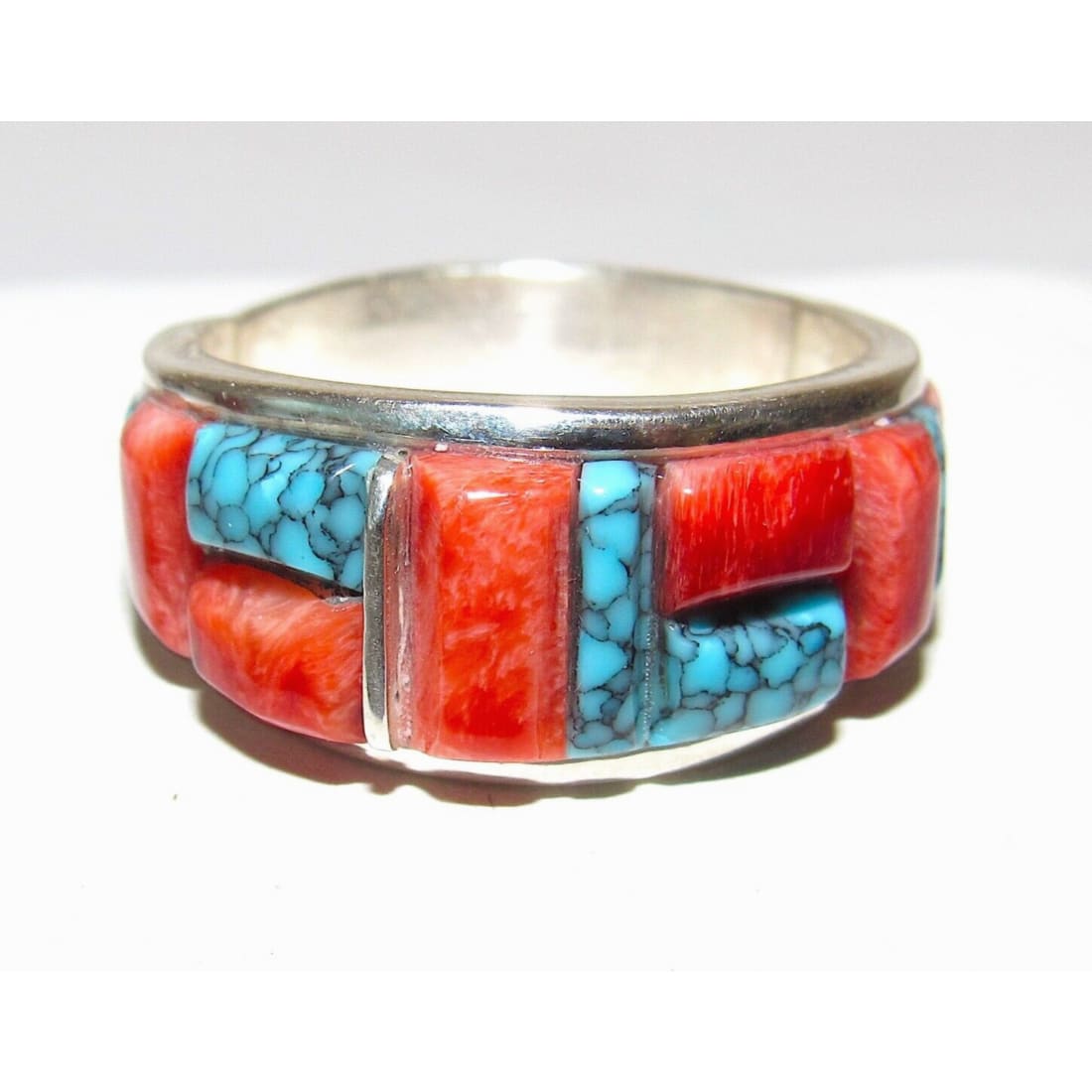 Navajo Turquoise Coral Cobble Inlay Ring Sz 8 Sterling