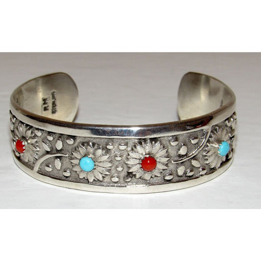 Navajo Turquoise Coral Flower Cuff Bracelet Sterling Silver