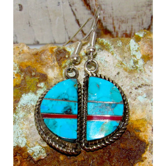 Navajo Turquoise Coral Inlay Half Moon Earrings