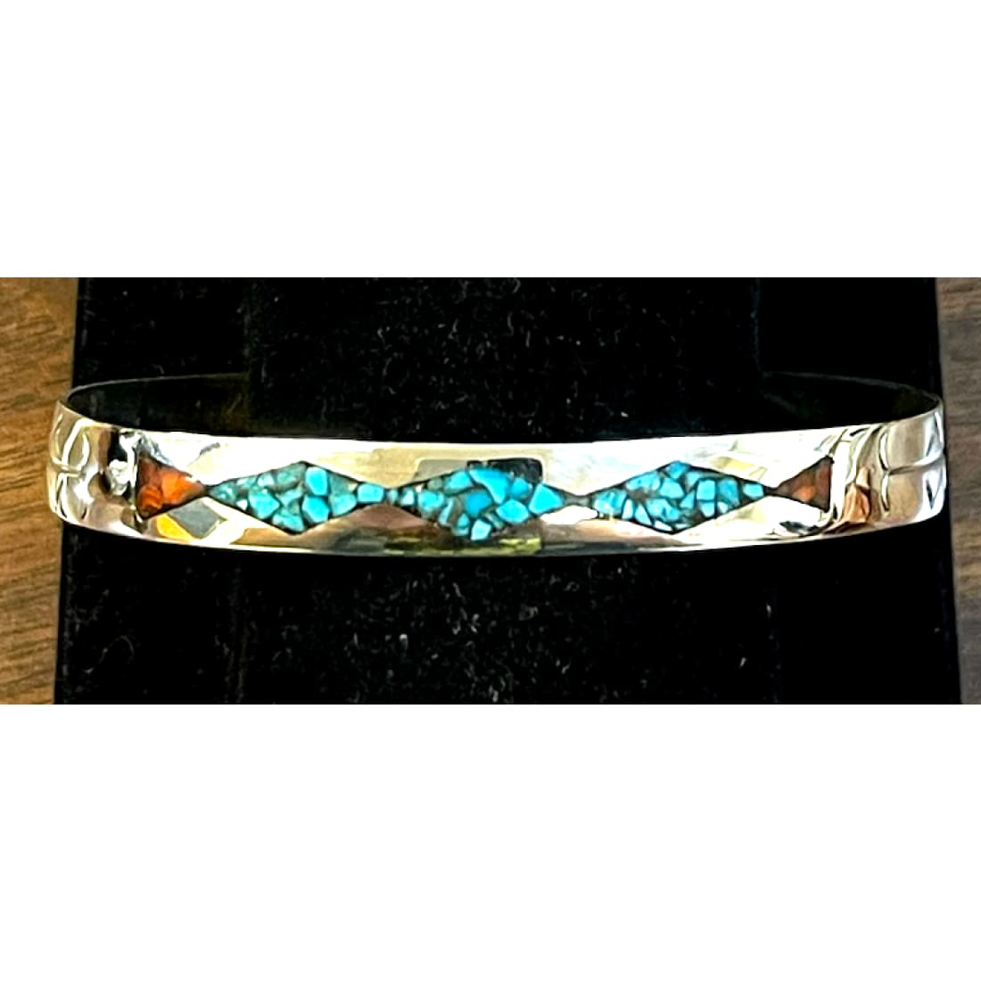 Navajo Turquoise Coral Inlay Stacker Cuff Bracelet Sterling