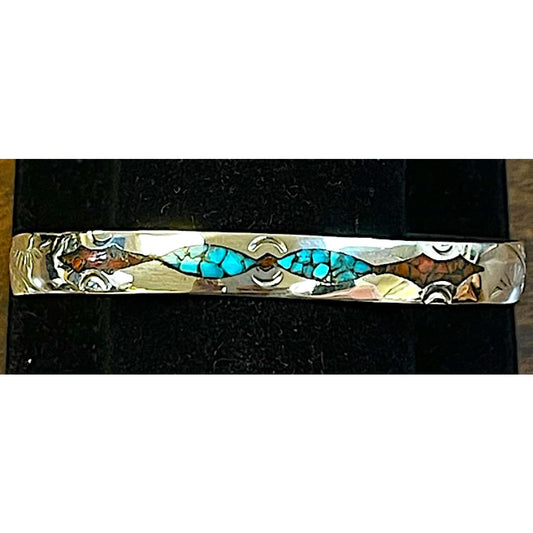 Navajo Turquoise Coral Inlay Stacker Cuff Bracelet Sterling