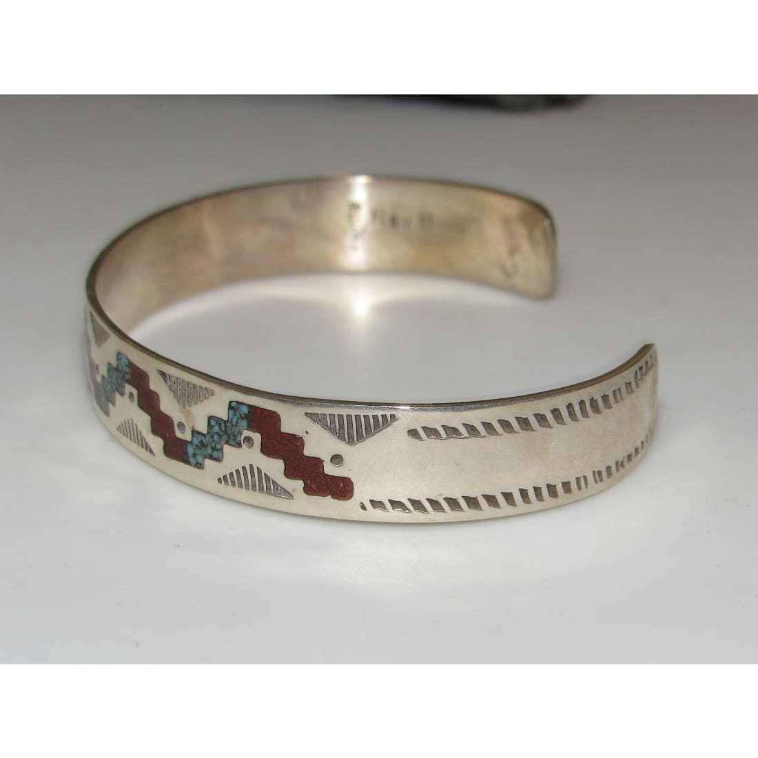 Navajo Turquoise Coral Inlay Stacker Cuff Bracelet Sterling