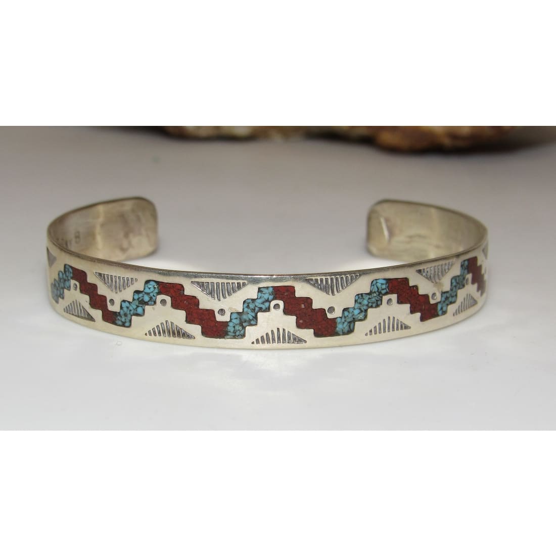 Navajo Turquoise Coral Inlay Stacker Cuff Bracelet Sterling