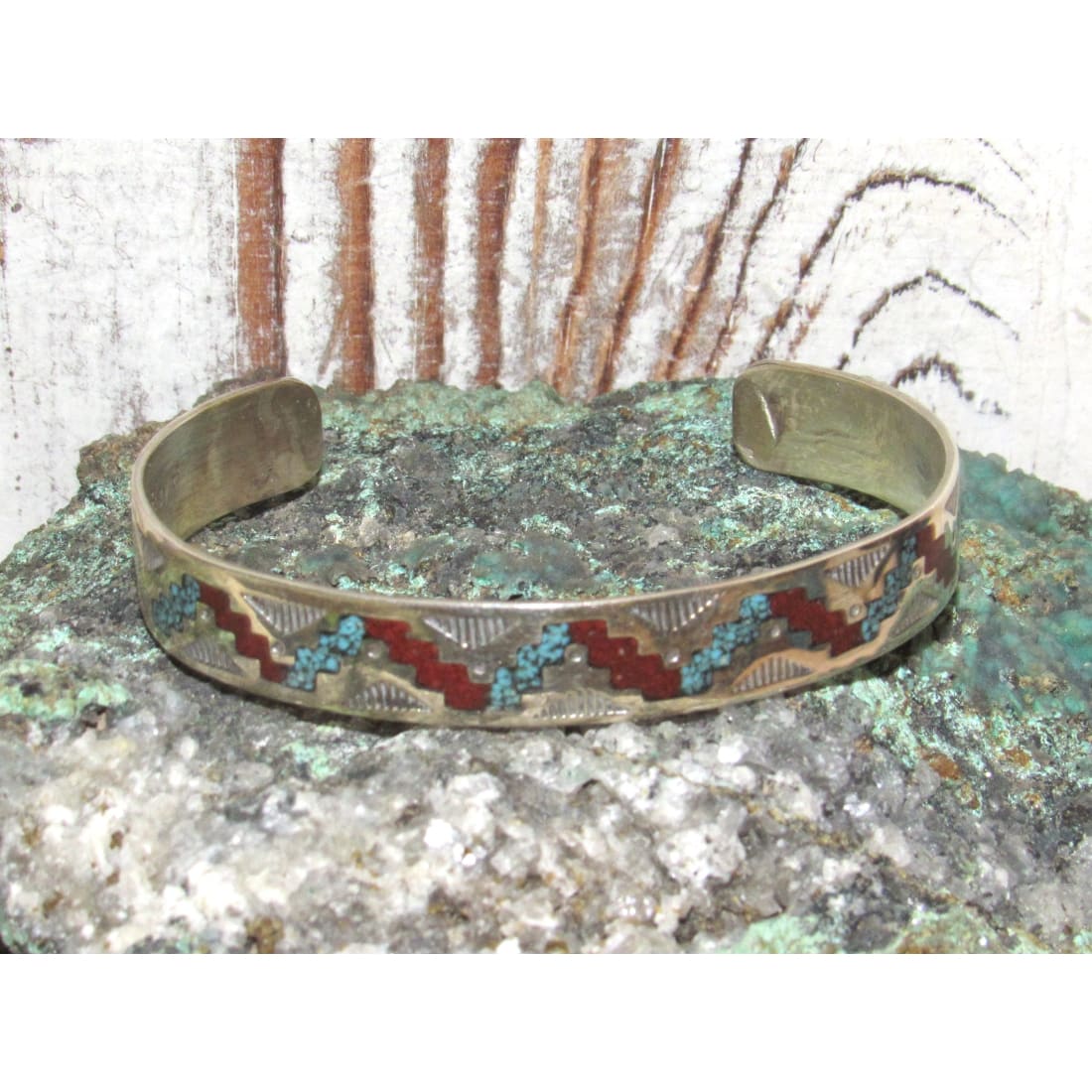 Navajo Turquoise Coral Inlay Stacker Cuff Bracelet Sterling