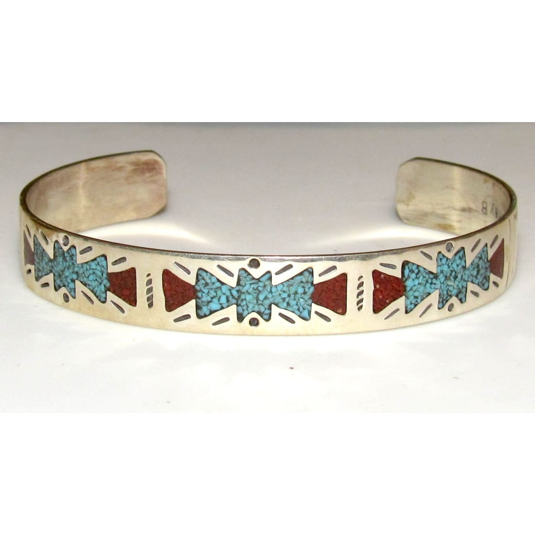 Navajo Turquoise Coral Inlay Stacker Cuff Bracelet Sterling