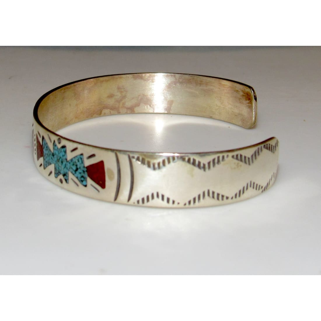 Navajo Turquoise Coral Inlay Stacker Cuff Bracelet Sterling