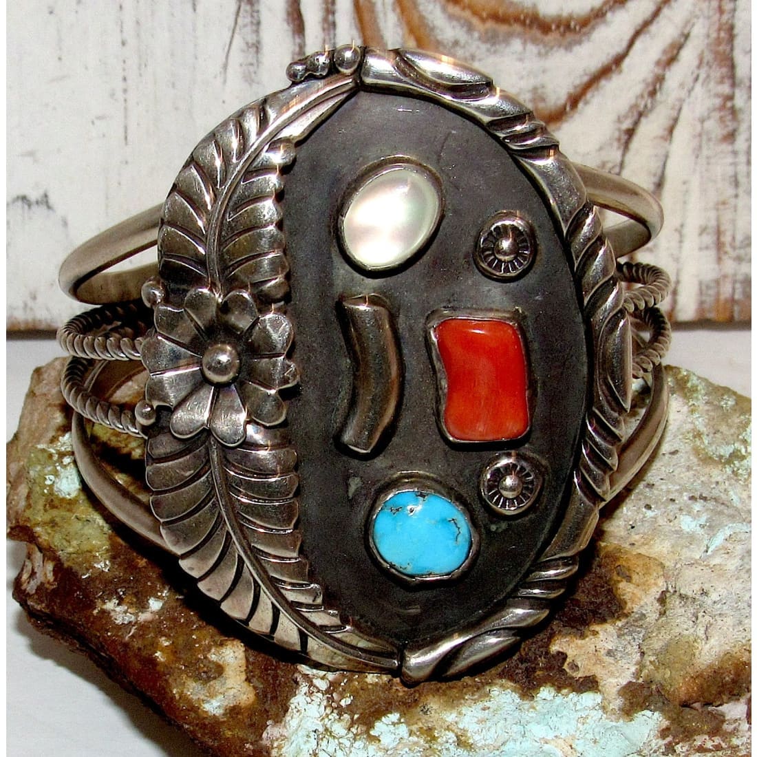 Navajo turquoise coral sterling silver bracelet Joelias Draper handcrafted with floral and leaf details