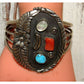 Native American Navajo turquoise coral sterling silver bracelet Joelias Draper with intricate floral and feather designs