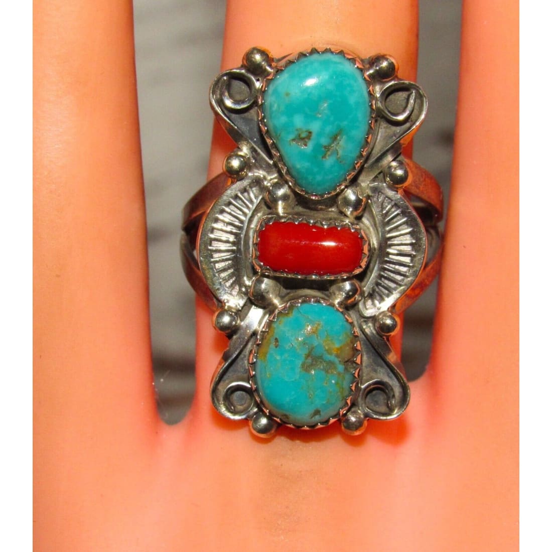 Navajo Turquoise Coral Ring Size 7 Sterling Silver Royston