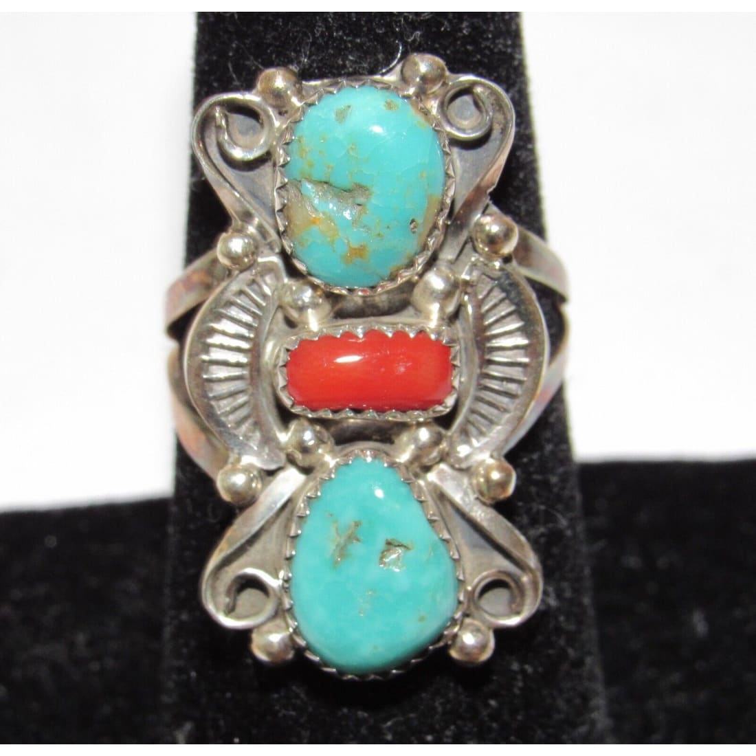 Navajo Turquoise Coral Ring Size 7 Sterling Silver Royston