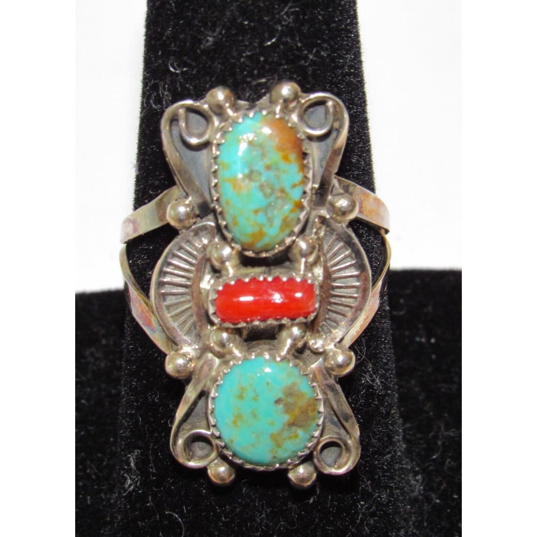 Navajo Turquoise Coral Ring Size 8 Sterling Silver Royston