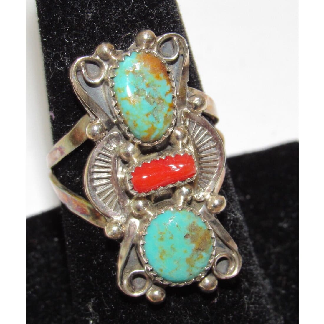Navajo Turquoise Coral Ring Size 8 Sterling Silver Royston