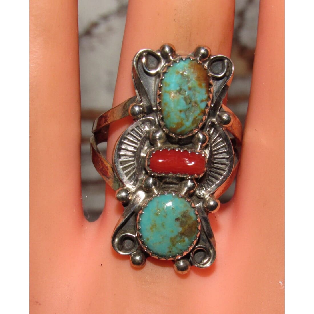 Navajo Turquoise Coral Ring Size 8 Sterling Silver Royston