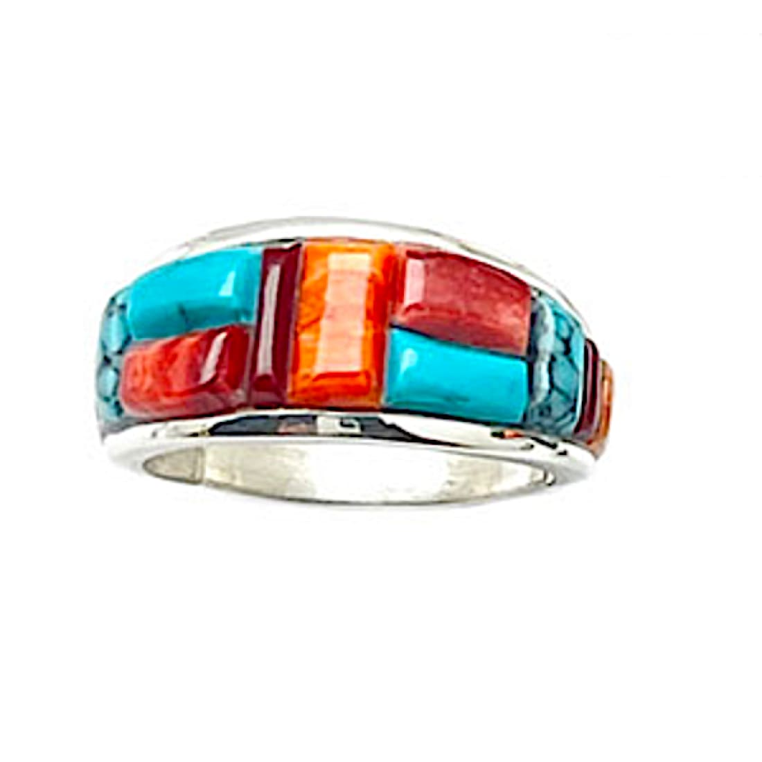 Navajo Turquoise Coral Spiny Cobble Inlay Ring Sz 7 Sterling