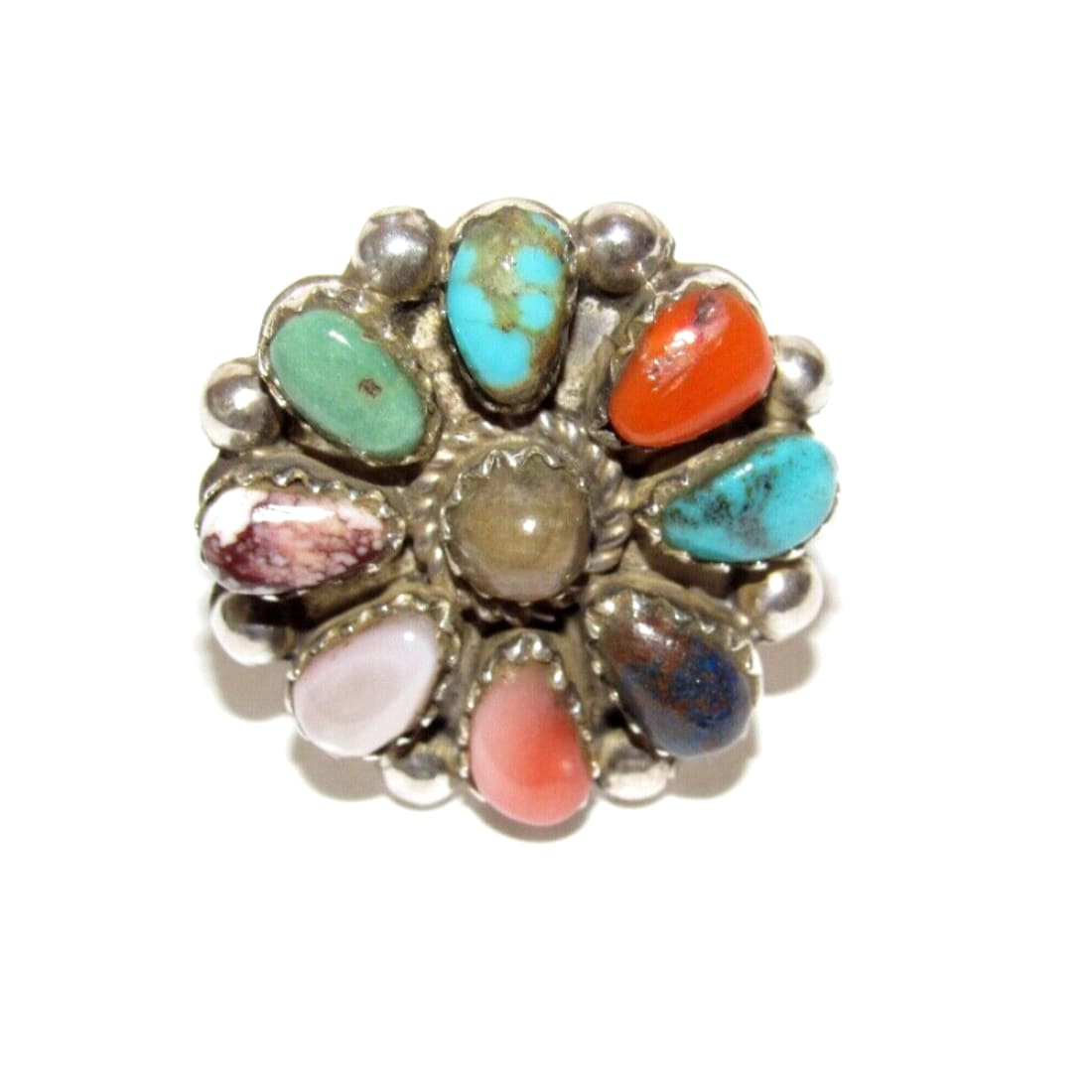 Navajo Turquoise Coral Spiny MOP Cluster Ring Sz 7 Sterling