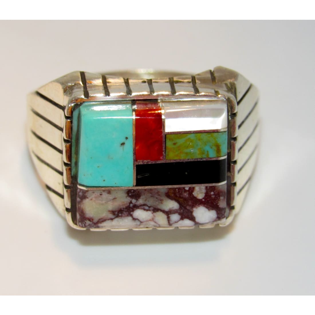 Navajo Turquoise Coral Wild Horse Inlay Ring Size 10.5