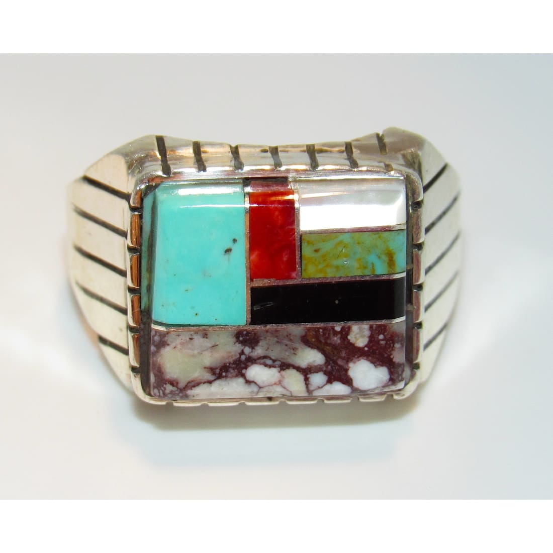 Navajo Turquoise Coral Wild Horse Inlay Ring Size 10.5