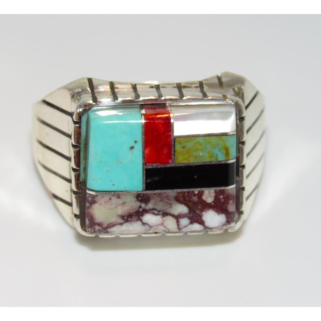 Navajo Turquoise Coral Wild Horse Inlay Ring Size 10.5