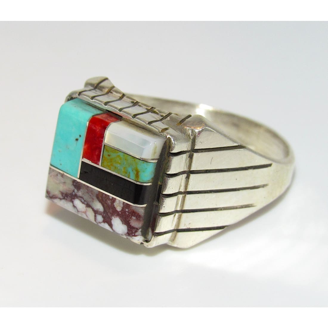 Navajo Turquoise Coral Wild Horse Inlay Ring Size 10.5