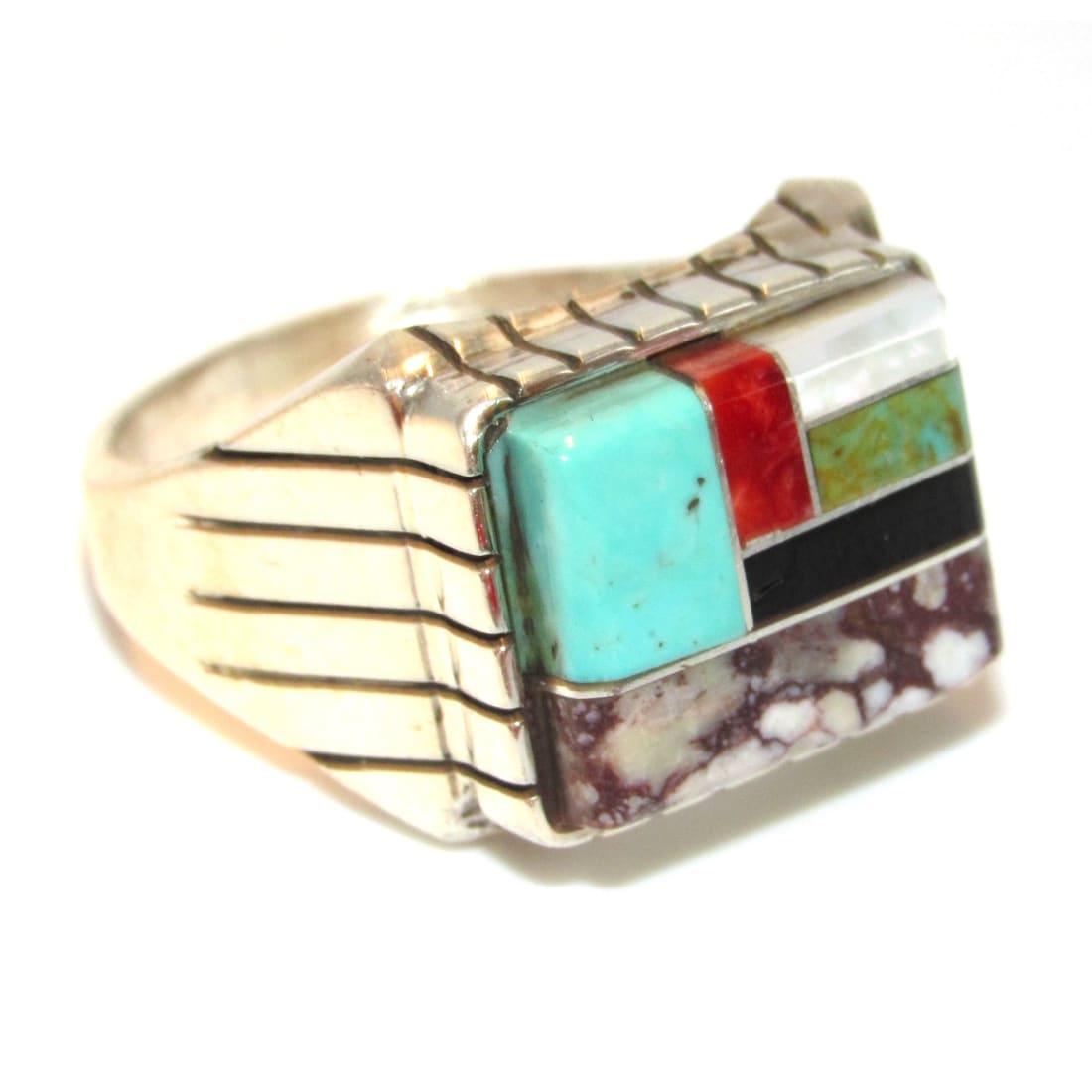 Navajo Turquoise Coral Wild Horse Inlay Ring Size 10.5