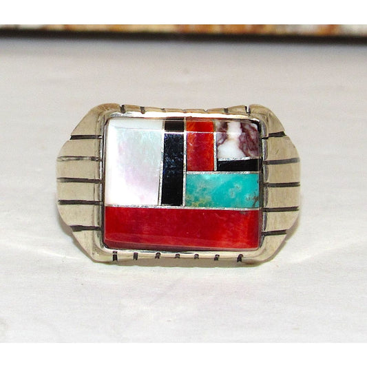 Navajo Turquoise Coral Wild Horse Inlay Ring Size 12