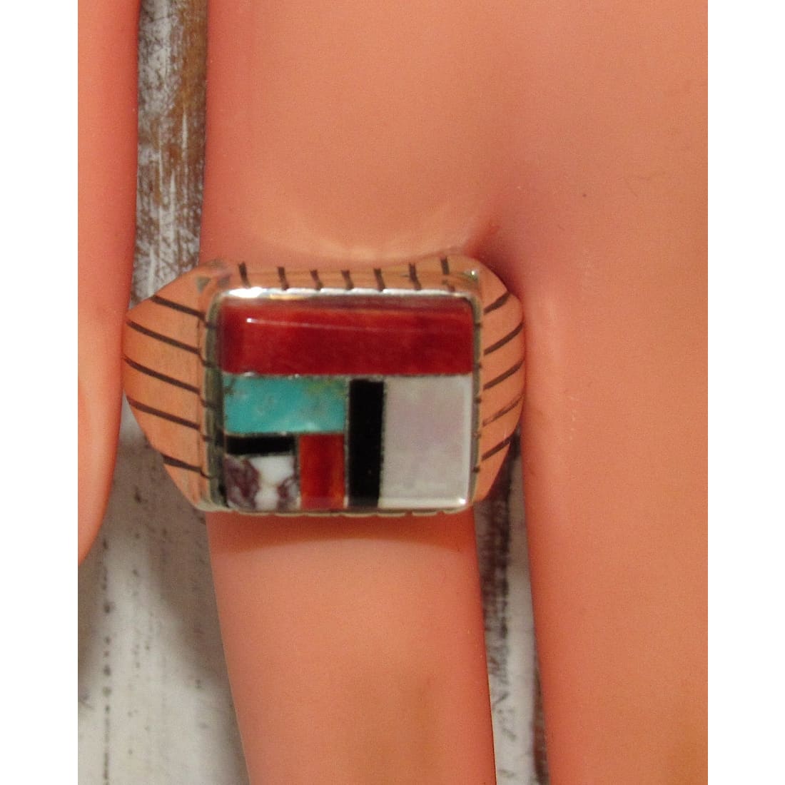 Navajo Turquoise Coral Wild Horse Inlay Ring Size 12