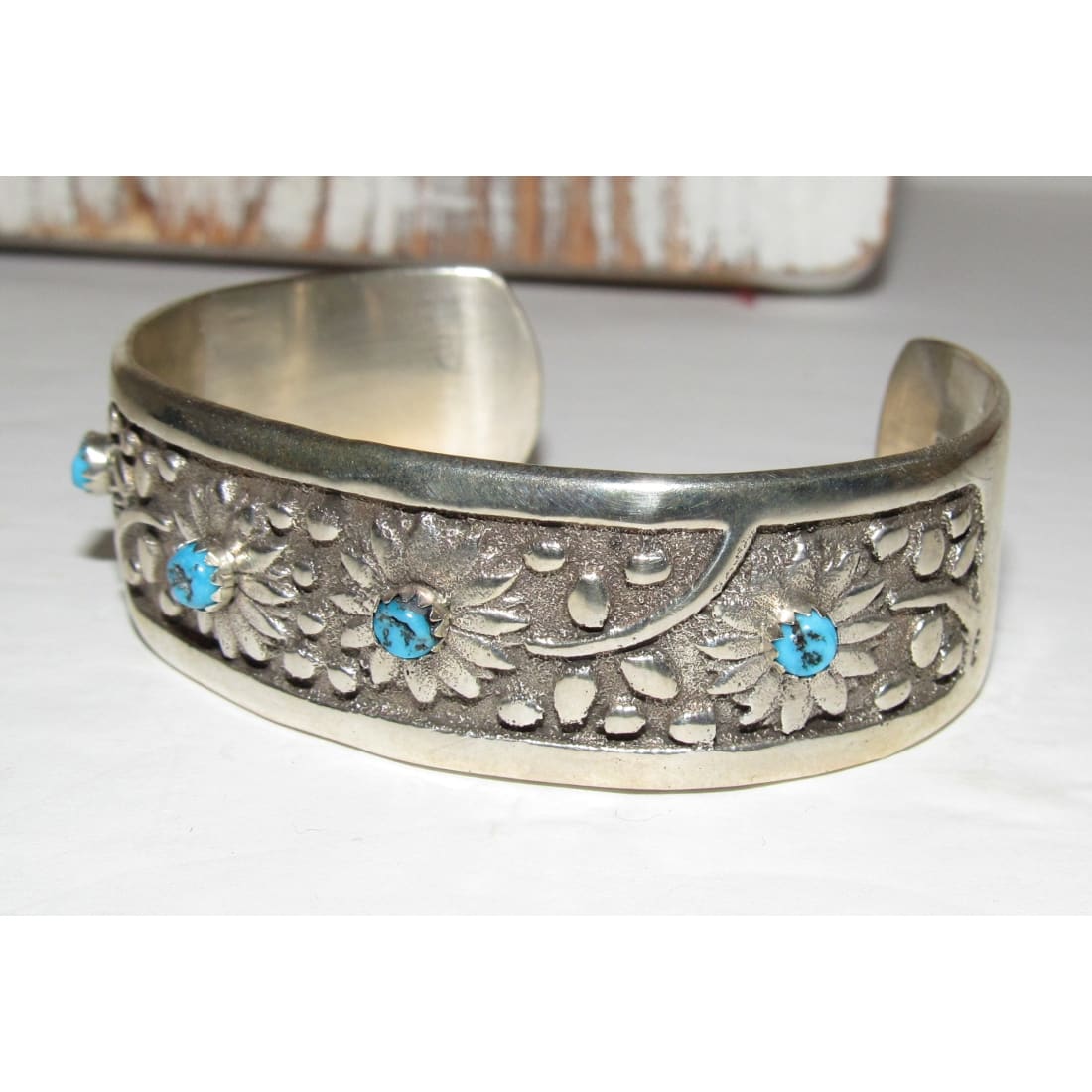 Navajo Turquoise Flower Cuff Bracelet Sterling Silver R.