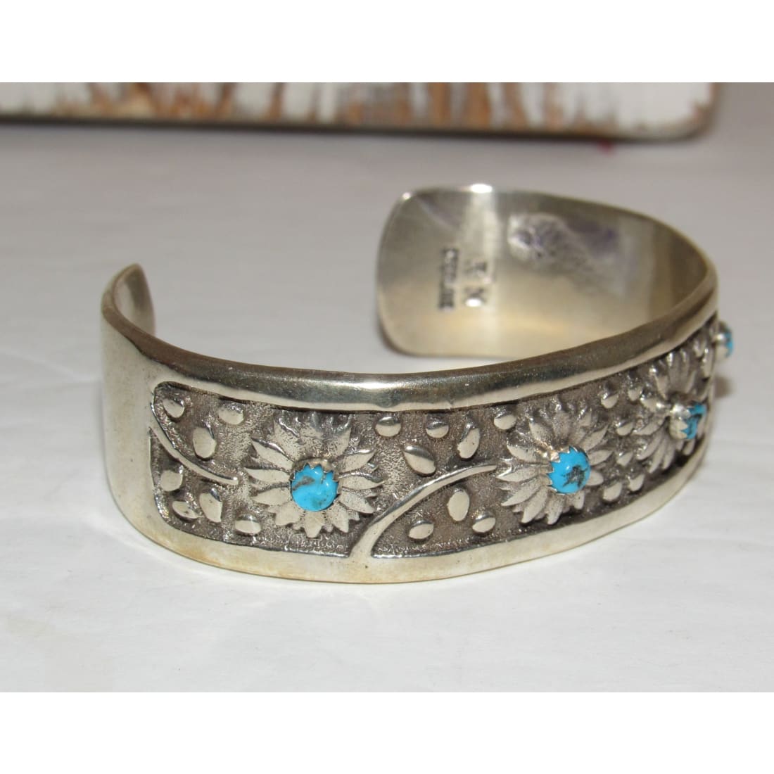 Navajo Turquoise Flower Cuff Bracelet Sterling Silver R.