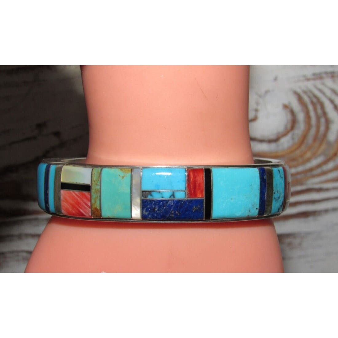 Navajo Turquoise Inlay Cuff Bracelet Spiny Oyster Lapis