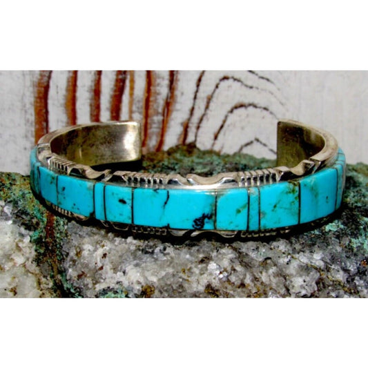 Navajo Turquoise Inlay Cuff Bracelet Sterling Steve