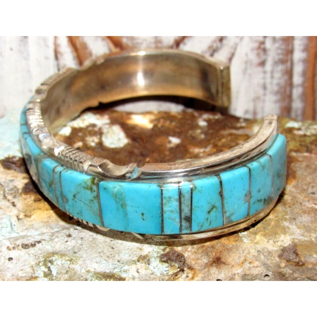 Navajo Turquoise Inlay Cuff Bracelet Sterling Steve