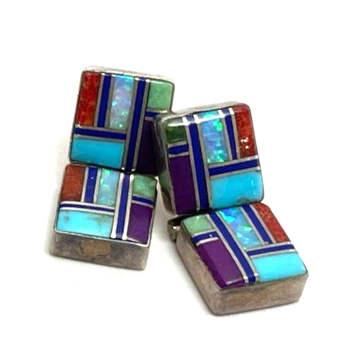 Navajo Turquoise Inlay Earrings Opal Coral Sugilite Sterling