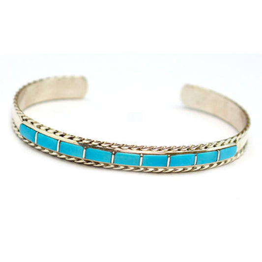Navajo Turquoise Inlay Stacker Cuff Bracelet Sterling