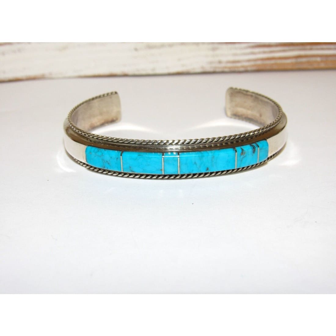 Navajo Turquoise Inlay Stacker Cuff Bracelet Sterling Native