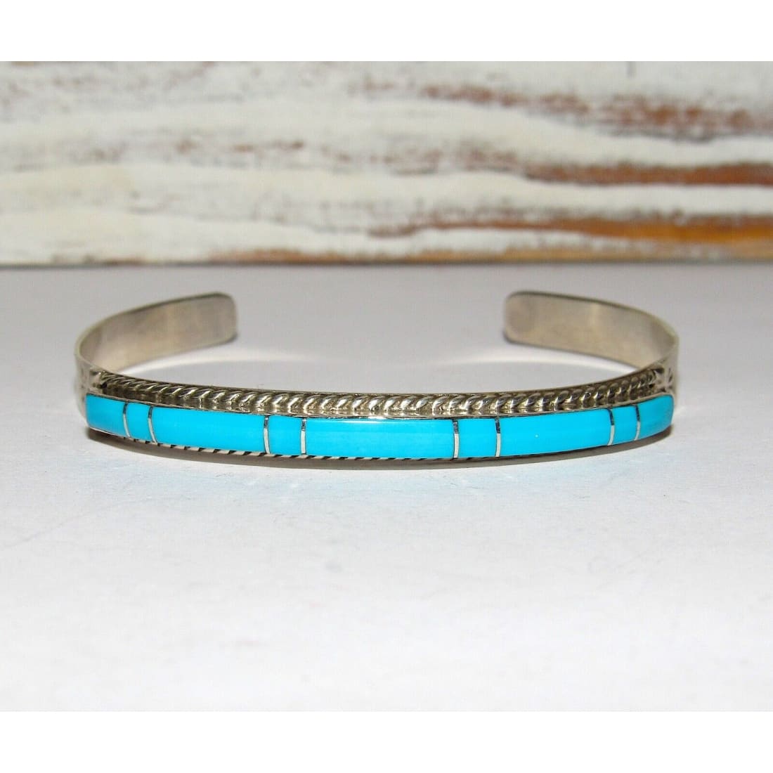 Navajo Turquoise Inlay Stacker Cuff Bracelet Sterling Native