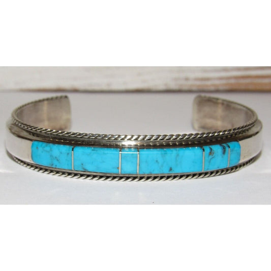 Navajo Turquoise Inlay Stacker Cuff Bracelet Sterling Native