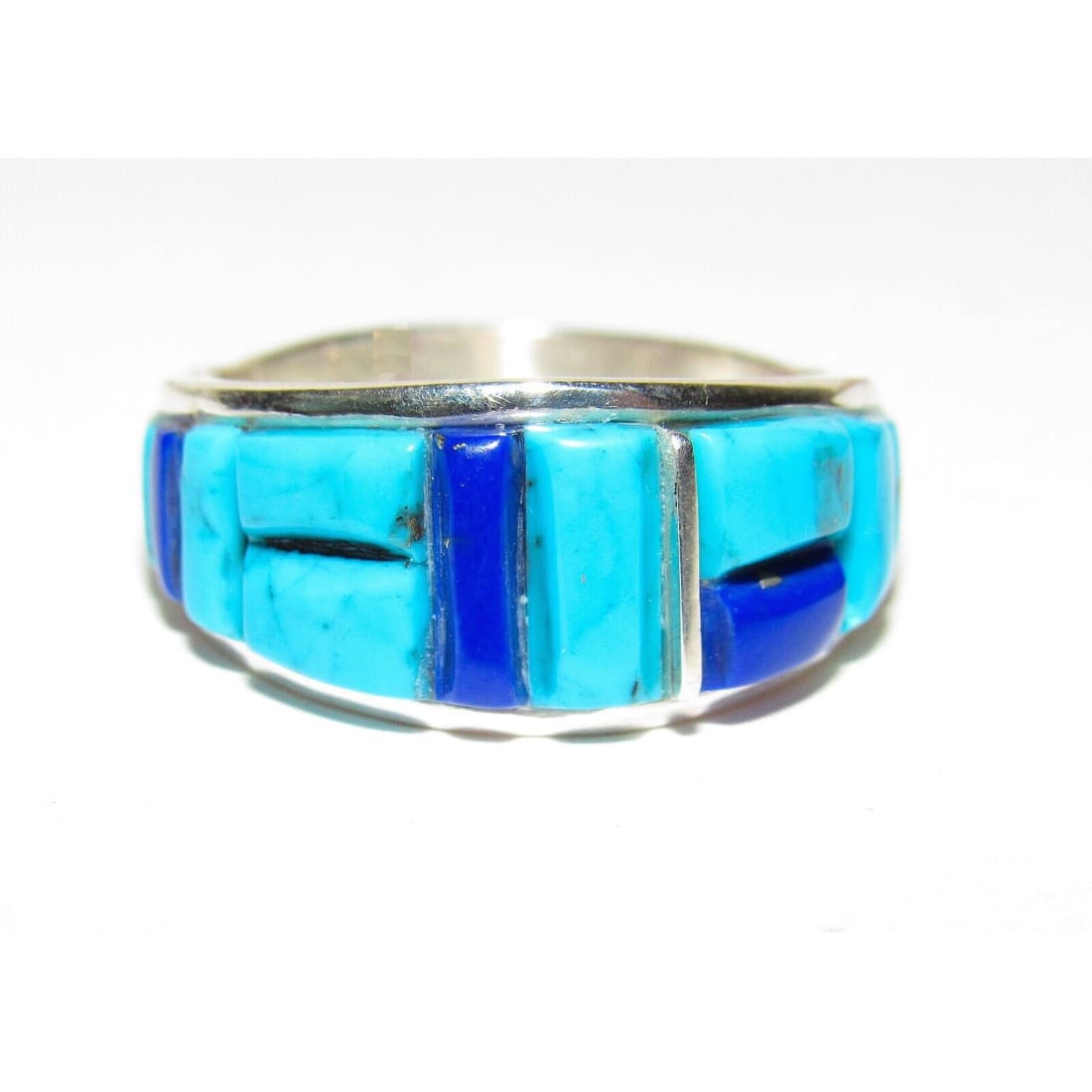 Navajo Turquoise Lapis Cobble Inlay Ring Sz 8 Sterling