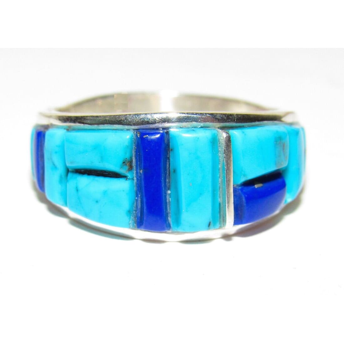 Navajo Turquoise Lapis Cobble Inlay Ring Sz 8 Sterling
