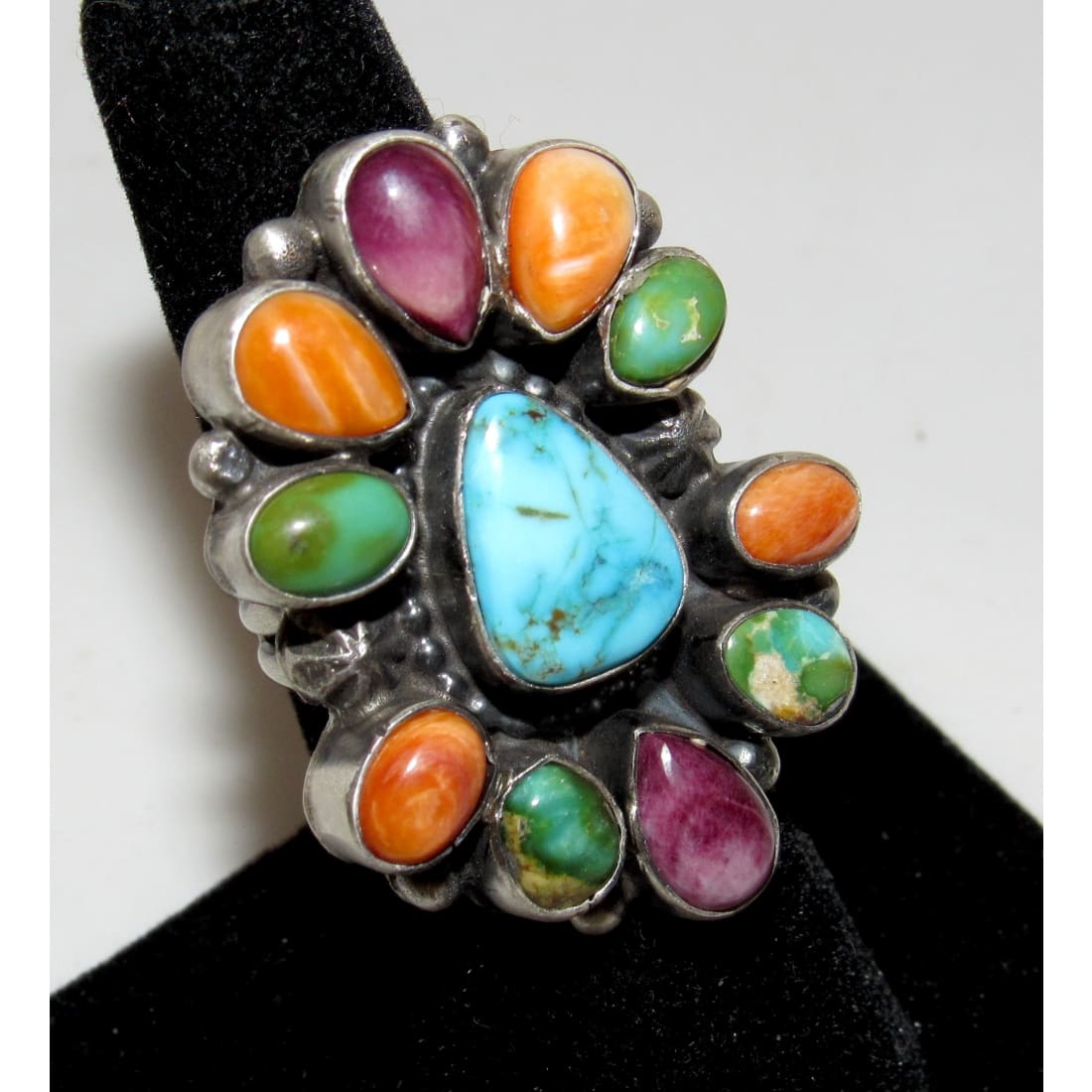 Navajo Turquoise Orange Purple Spiny Cluster Ring Sz 6.5