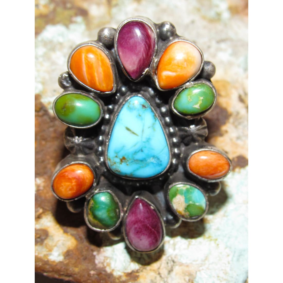 Navajo Turquoise Orange Purple Spiny Cluster Ring Sz 6.5