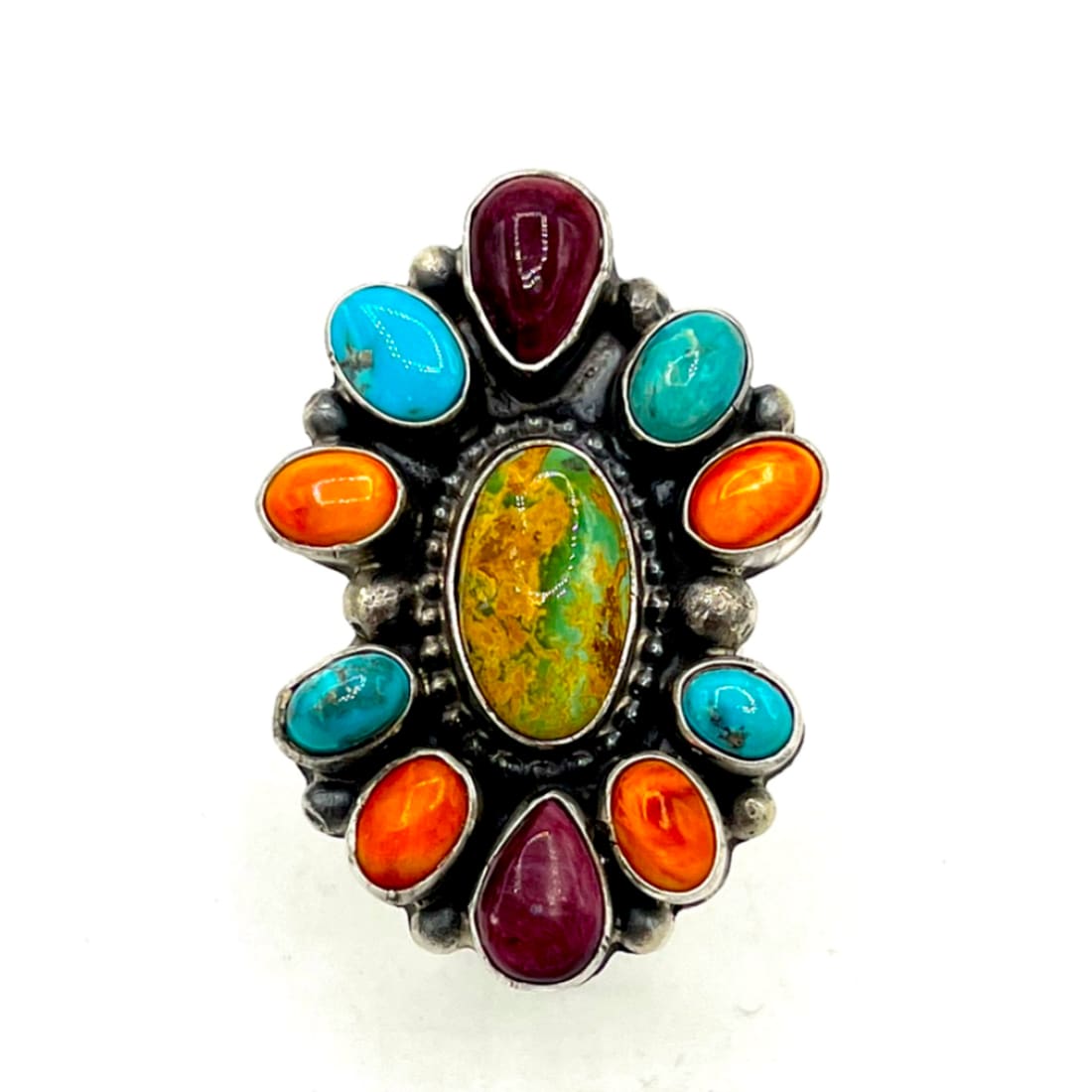 Navajo Turquoise Orange Purple Spiny Cluster Ring Sz 7