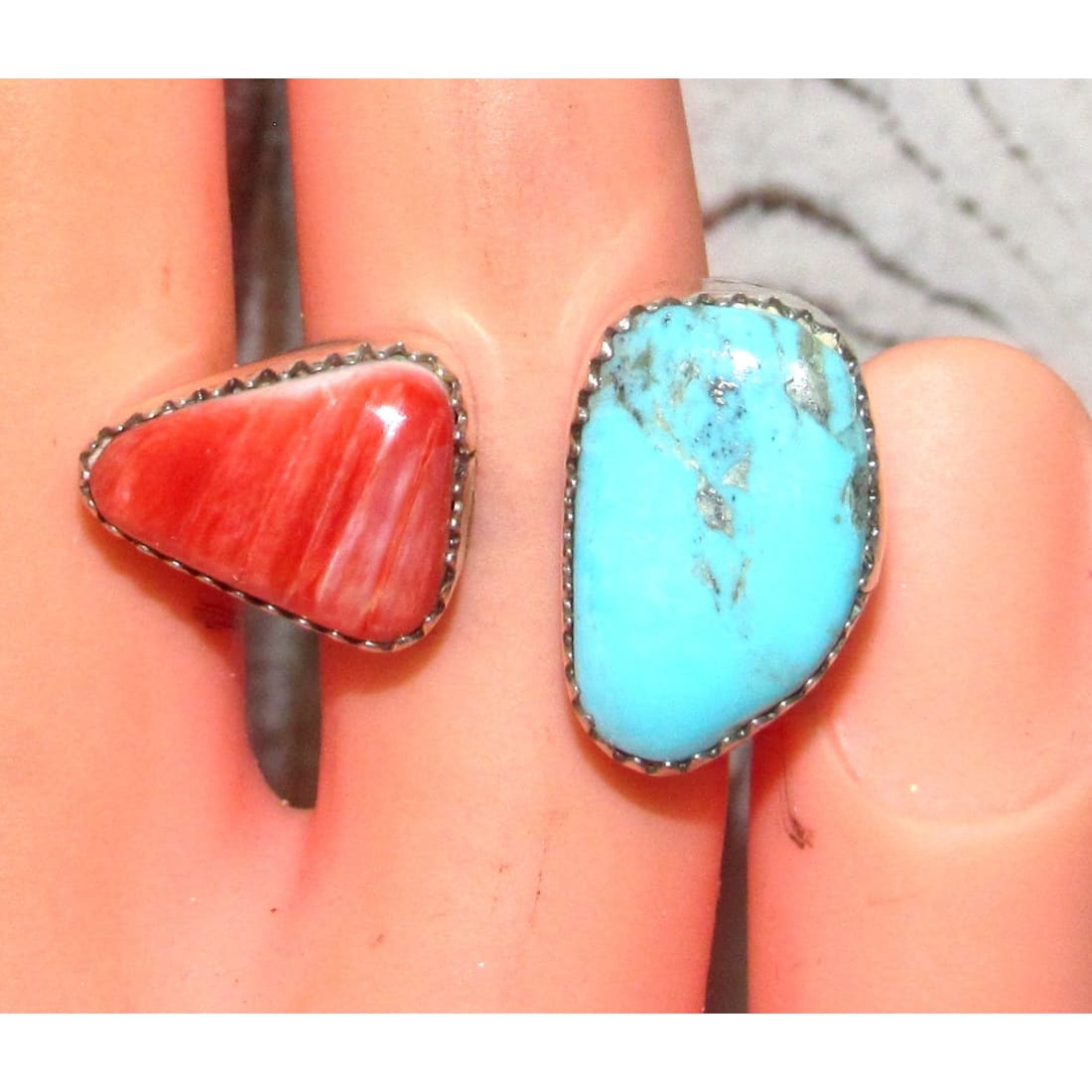 Navajo Turquoise Orange Spiny Ring Sz 7.5 Adjustable