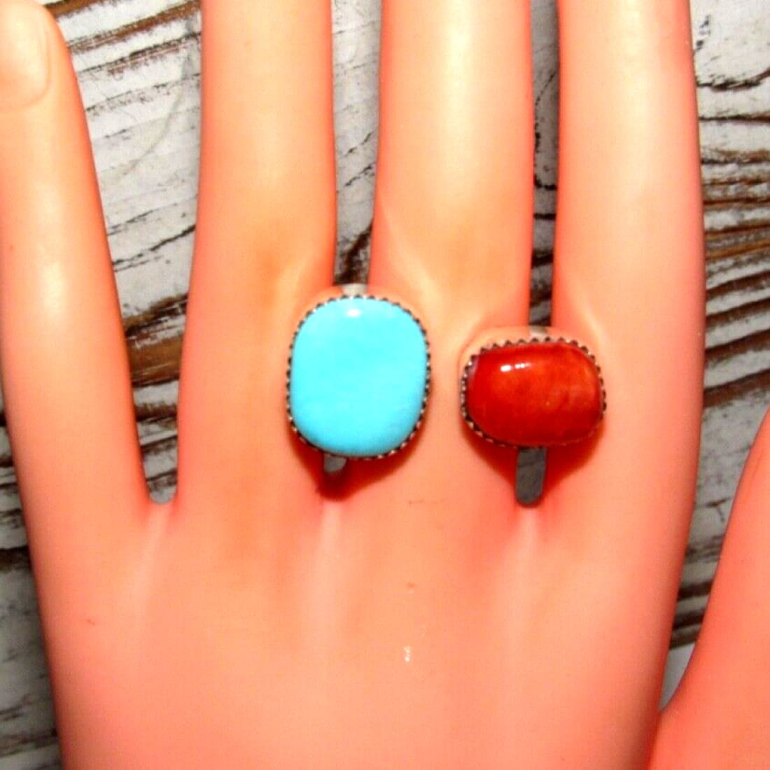 Navajo Turquoise Orange Spiny Ring Sz 7 Adjustable Sterling