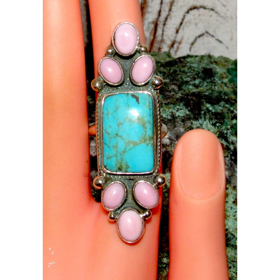 Navajo Turquoise Pink Conch Cluster Ring Adjustable Size