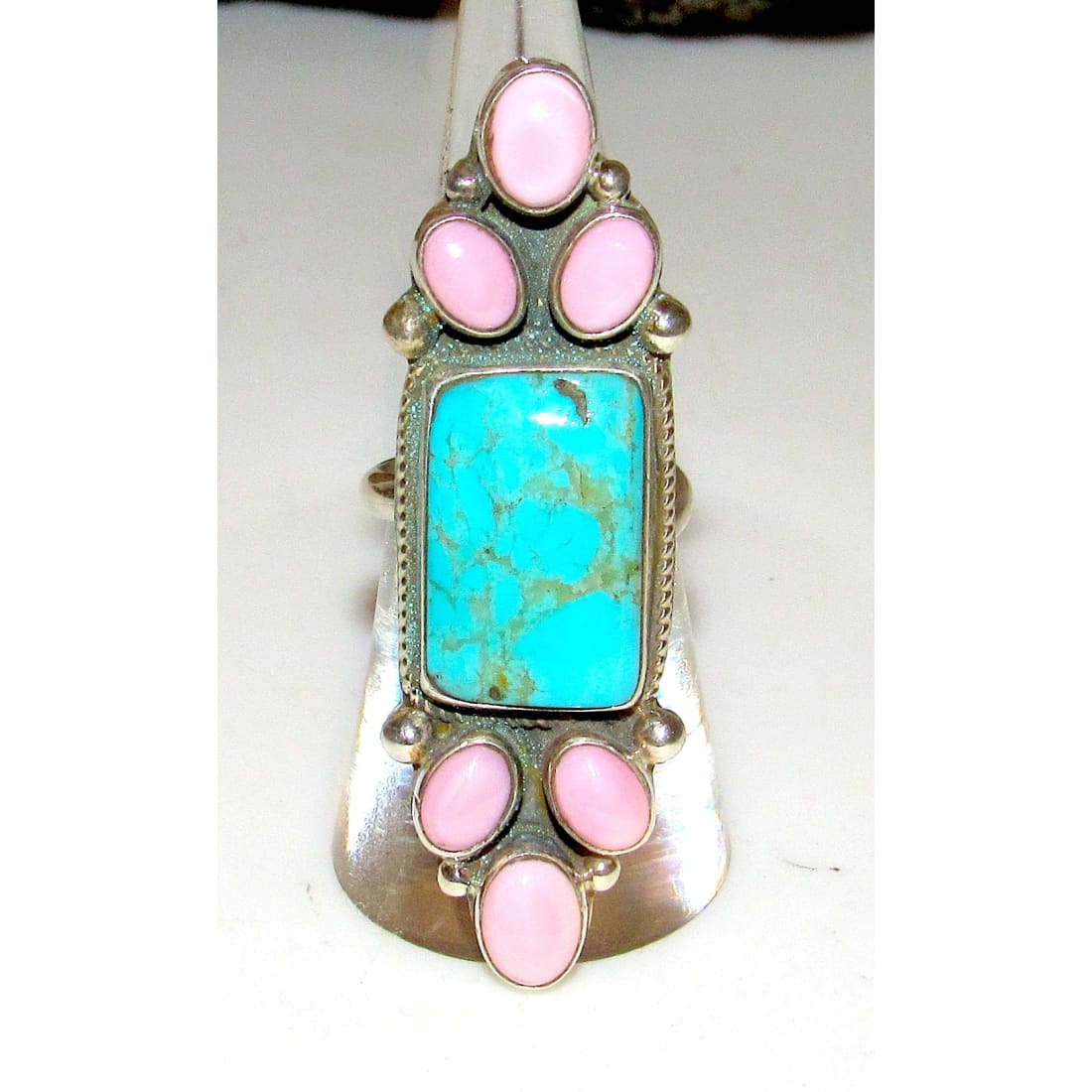 Navajo Turquoise Pink Conch Cluster Ring Adjustable Size