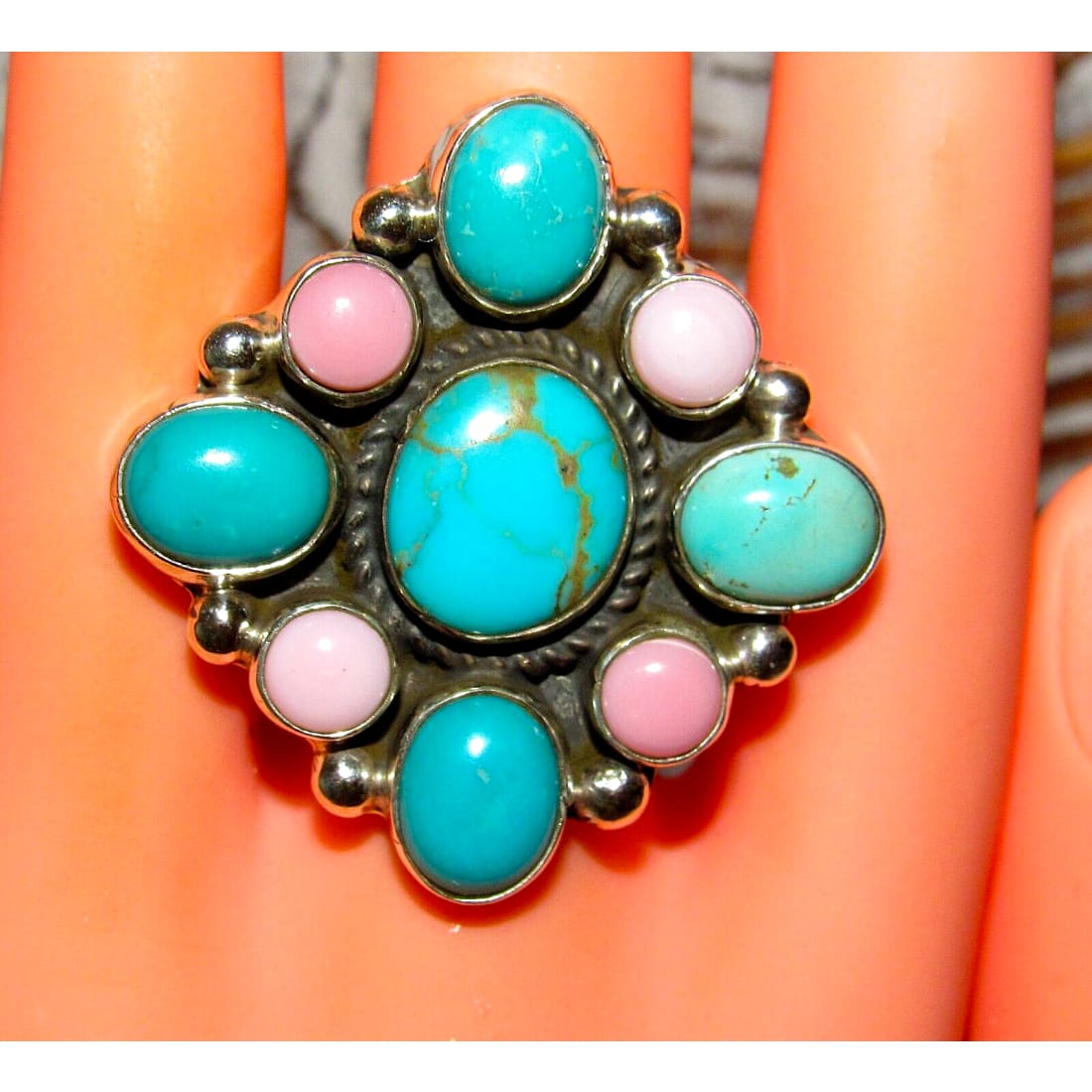 Navajo Turquoise Pink Conch Cluster Ring Adjustable Size