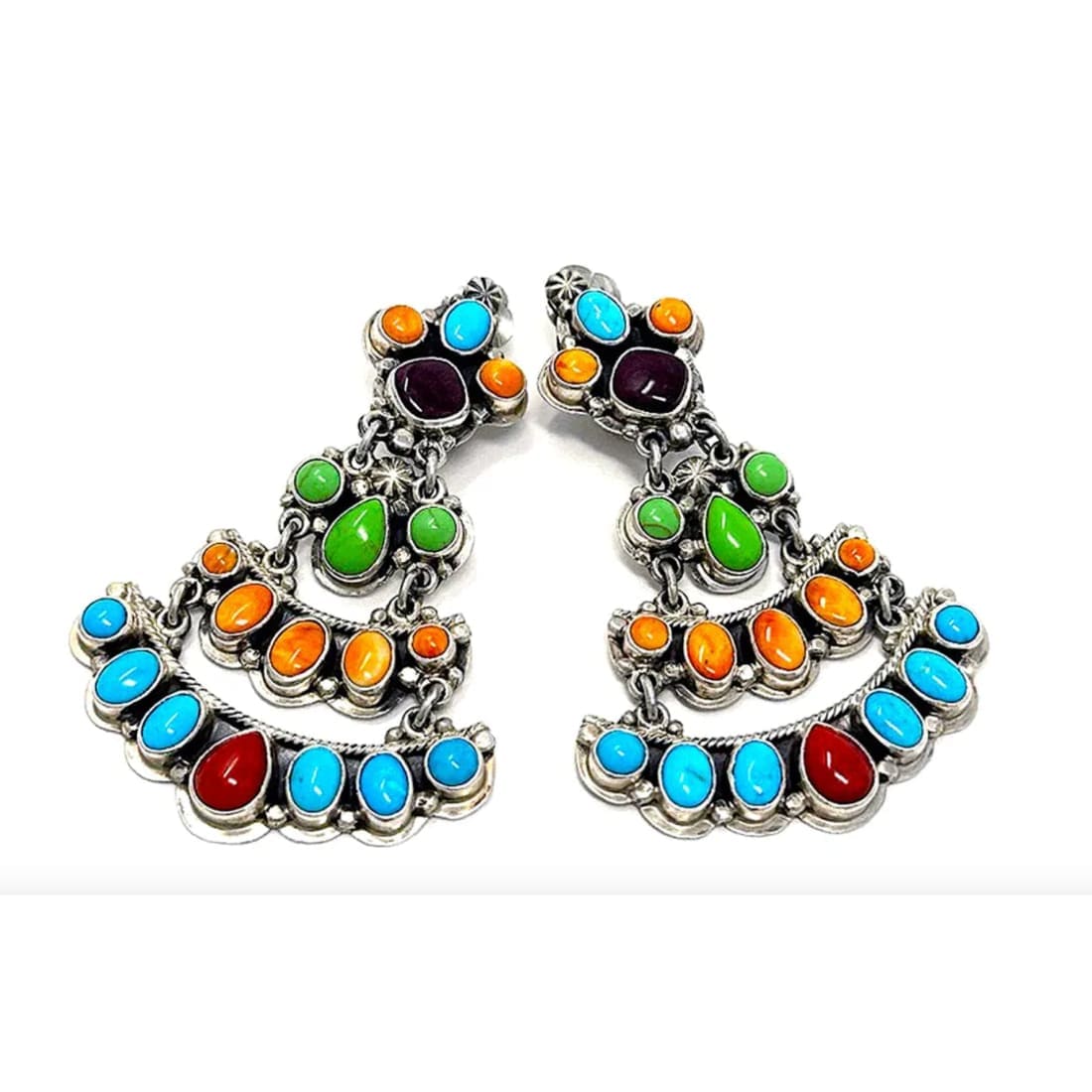 Native American Navajo turquoise spiny dangle earrings with multicolor stones in silver setting