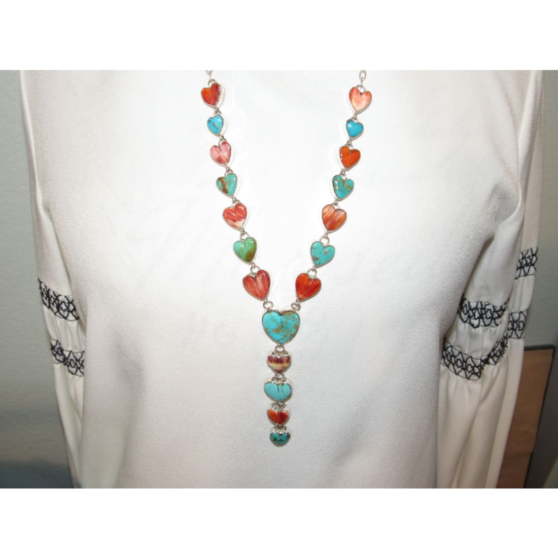 Navajo Turquoise Spiny Heart Lariat Necklace Earrings Set