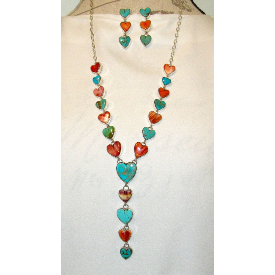 Navajo Turquoise Spiny Heart Lariat Necklace Earrings Set