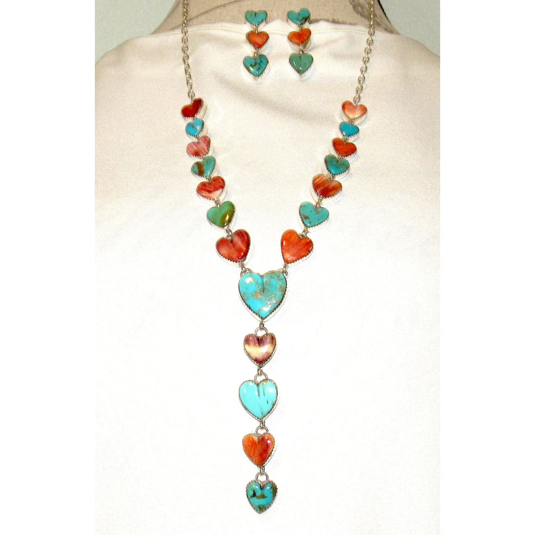 Navajo Turquoise Spiny Heart Lariat Necklace Earrings Set